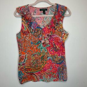 LRL Ralph Lauren L Pink Paisley Print Cotton Ruffle V-Neck Sleeveless Tank Top